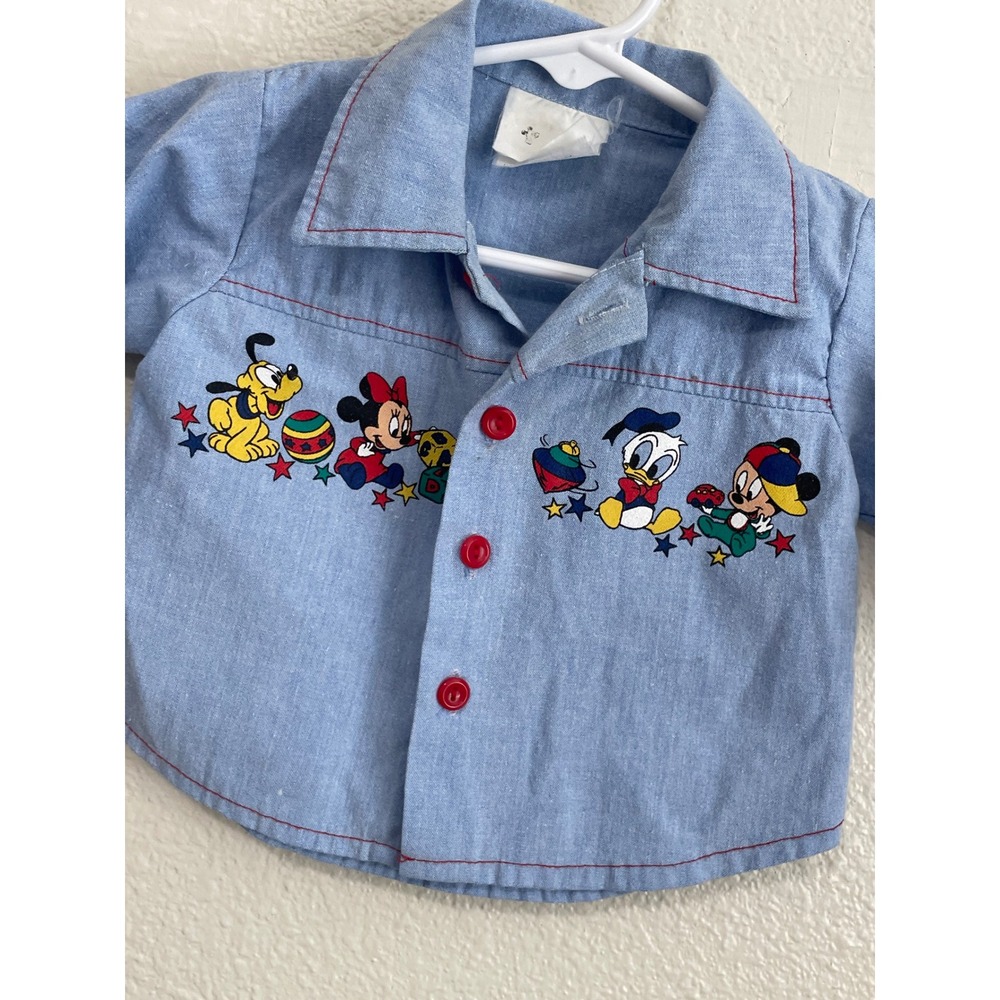 VTG 90s Disney Button Down Shirt Kids 0-6M Blue Mickey Minnie Pluto Chambray
